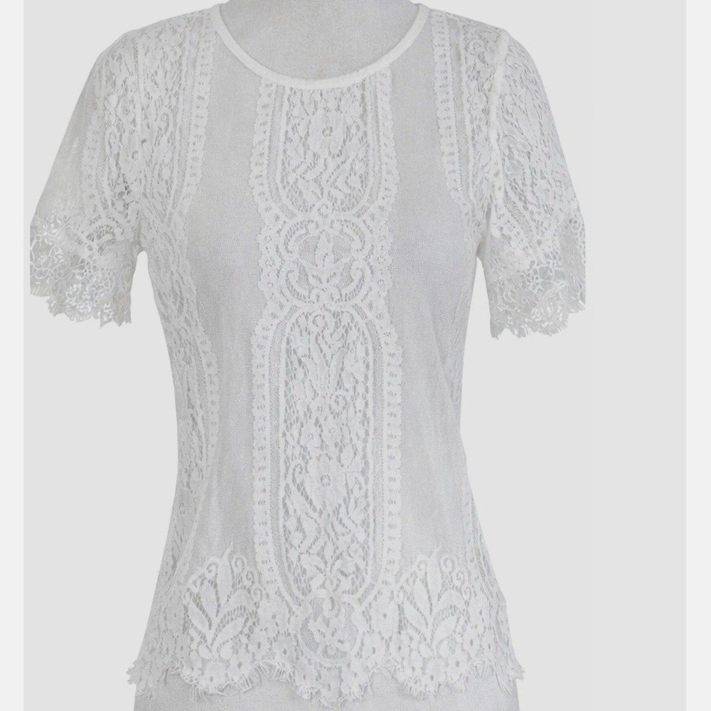 Vintage Crochet Lace Romantic Short Sleeve Top S Edwardian Scalloped Open Knit - Picture 4 of 8